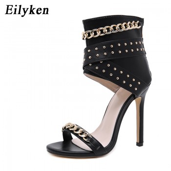Eilyken 2020 New Rivet Metal Decoration High Heel Women Sandals Cover Heel For Party Gladiator Ladies Shoes Black Size 35-40